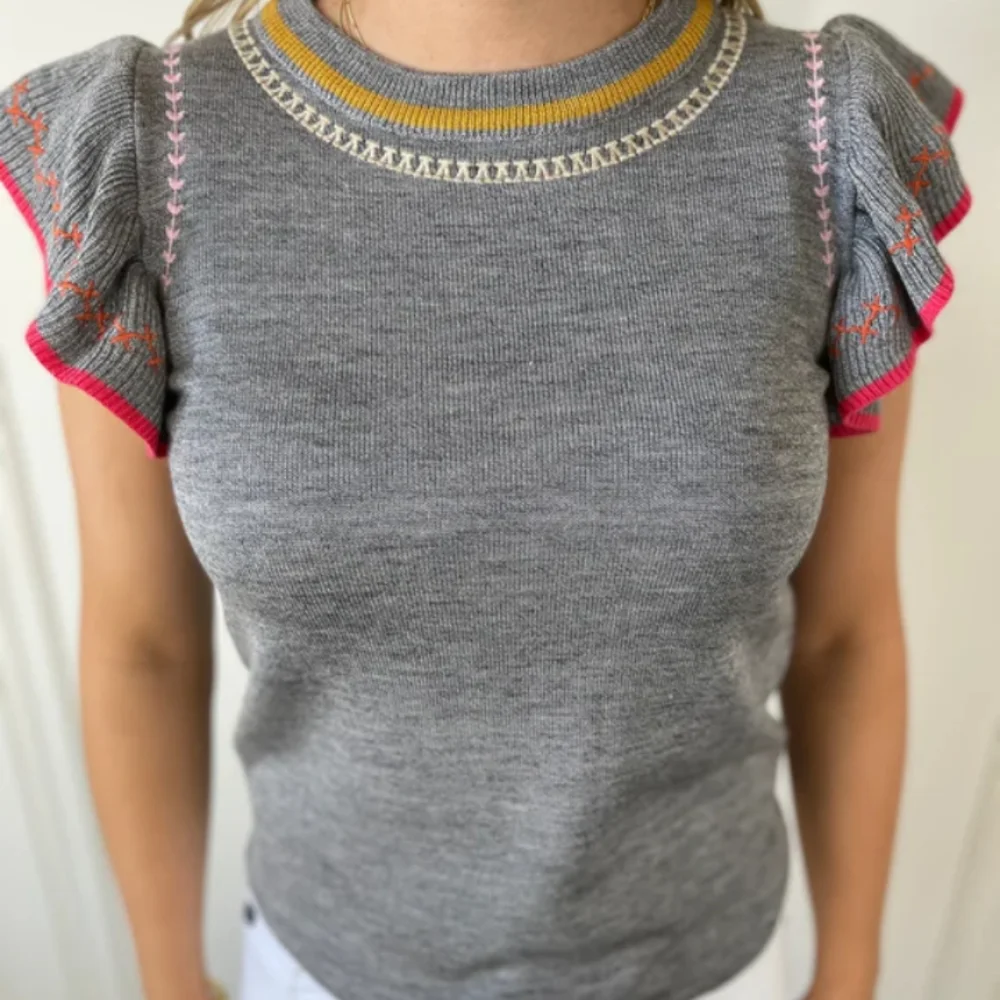 THML Gray Sweater Embroidered Knit Top Small
